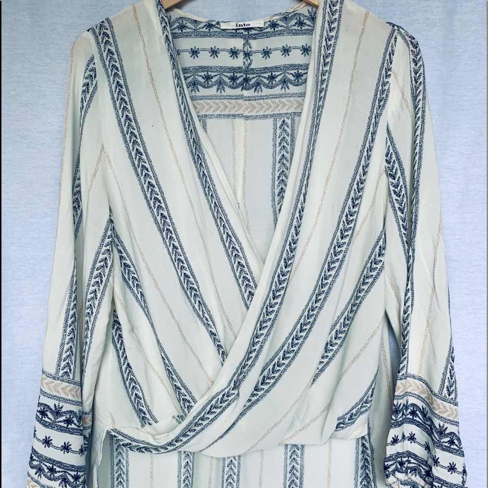 Rayon Border Print Crossover Boho Blouse